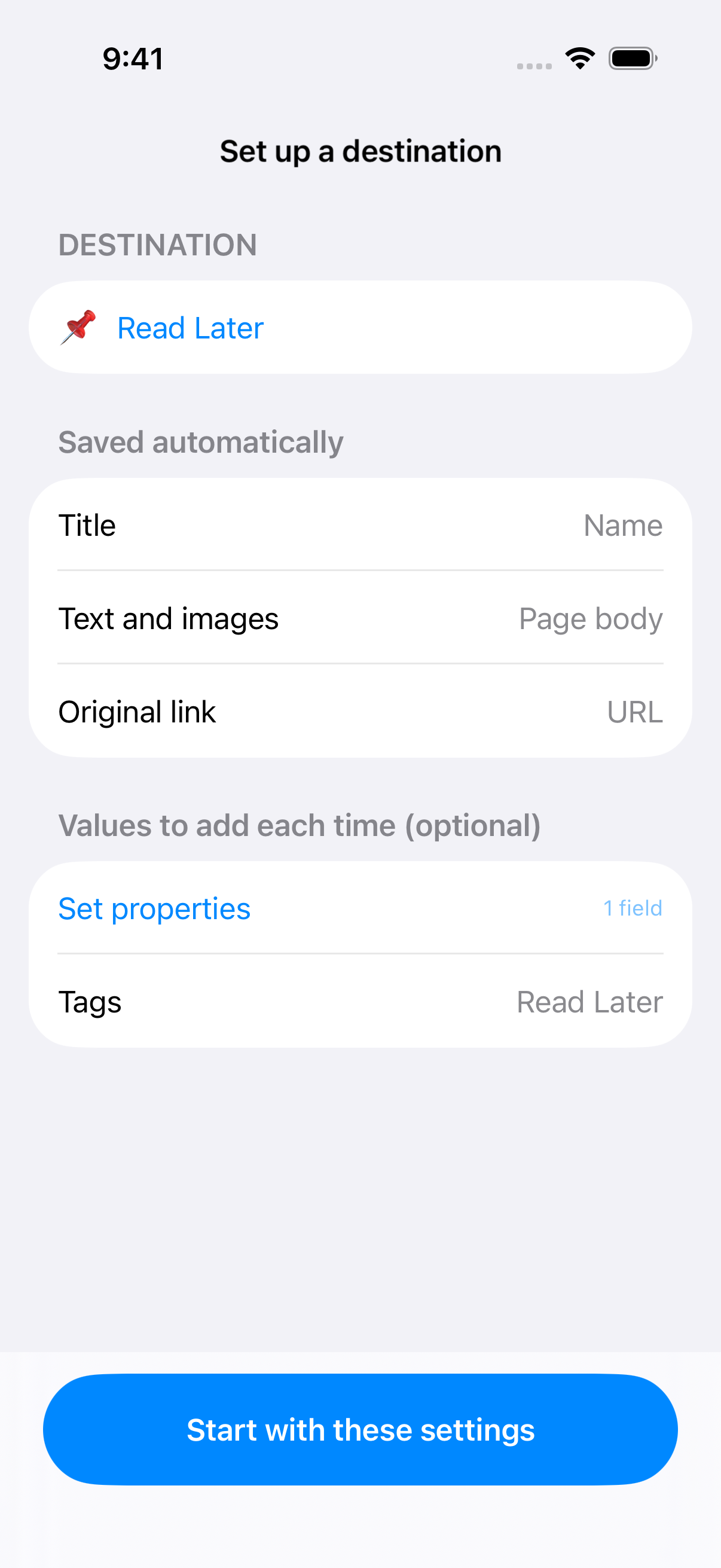 Current destination setup screen showing automatic content and recurring values