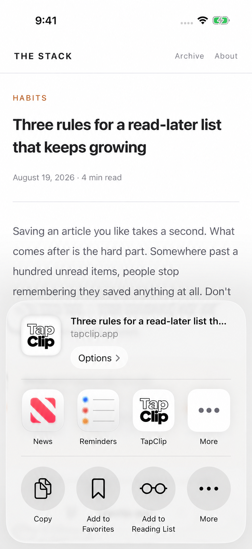 TapClip in the share sheet